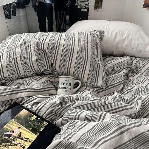 Image of Striped Duvet Cover Set, Queen Size, Dark Grey & White, 3 Pieces | Men's Cotton Bedding Set, Modern Preppy Style, Boys Comforter Cover for College Dorm, 90 inchx90 inch