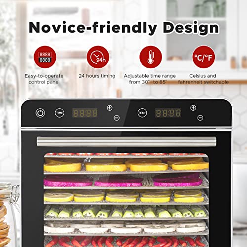 Kwasyo Dörrautomat Edelstahl Trockenkapazität 3,8 kg Rindfleisch, 0,67 m² Trockenfläche, 8 Edelstahl-Dörrtabletts (28x30 cm), 35-85°C Dörrgerät für Hundeleckerlis, Kräuter, Fleisch, Obst, Joghurt – Bild 3