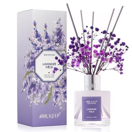 Airkeep Reed Diffuser Set,3.38 fl oz (100 ml) - Lavender Field Oil Diffusers with 8 Reed Sticks...