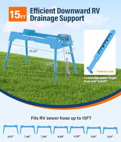 Image of RV Sewer Hose Support, 15FT Heavy-Duty Camper Waste Hose Holder with 7 Foldable Sections, Adjustable & Stable Waste Drainage Support with Strap, Stackable & Weather-Resistant, Blue (Patent Pending)