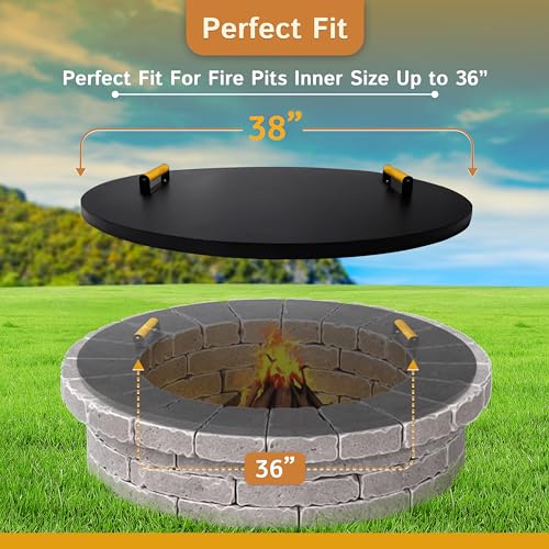 Simond Store Fire Pit Cover Round 38" - Rust Resistant 1.5mm Powder Coated Carbon Steel Firepit Lid with 2 Ergonomic Wooden Handles - Compatible for Fire Pit Inside Dia Up to 36"