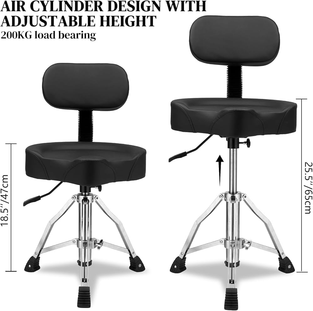 Trono per batteria regolabile con schienale, sgabello idraulico, sedile a sella, per batteristi, adatto per pianoforte, chitarra, studio e pratica musicale