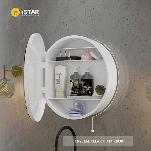 Image of iSTAR Round Wall Mirror with Storage Shelf | Bathroom Vanity Cabinet with Hidden Storage Cabinet | Wall Mounted, Bathroom, Bedroom, Living Room