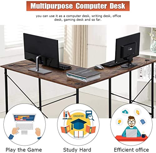 Yykokocat Computer Desk With Metal Leg, 55" L-Shaped Desk With Adjustable Feet, Simple And Modern Office Desk, Steel Frame Wood Study Desk For Home Office, Space-Saving Pc Workstation, Brown #TOP1