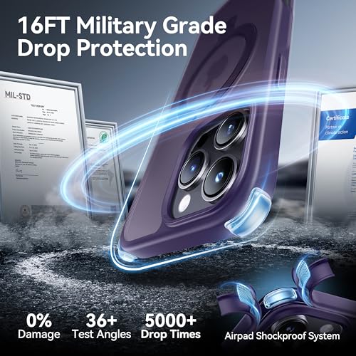 Image of CASEKOO Ultra-Magnetic Stand for iPhone 16 Pro Case, Shockproof, Purple | [Military Drop Protection] [Compatible with MagSafe] Translucent Matte Slim Ring Holder Case for iPhone 16 Pro 6.3 Inch