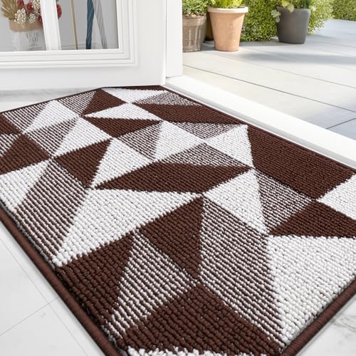 Image of OLANLY Door Mat Indoor Entrance Washable 32x20, Odor-Free Low-Profile Front Back Geometric Doormat, Absorbent Resist Dirt Entry Carpet, Easy to Clean Sturdy Floor Mats for Entryway, Dark Brown