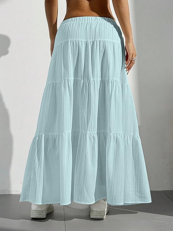 Image of Jawdrobe Women's Georgette Ruffle Hem Long Flared Skirt Lightweight Soft Fabric| High-Waisted Ruffled Maxi Plain and Pleated Skirt