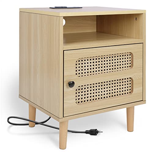 Babenest Rattan Nightstand Side Table With Charging Station, Wooden End Table With Door, Square Bedside Table With Open Storage For Bedroom Living Room (Natural Walnut) #TOP9