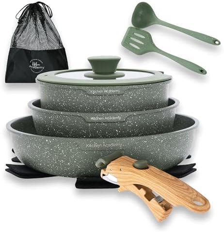 Kitchen Academy Topfset 10tlg, Topf Pfannenset mit Abnehmbarem Griff | Kochgeschirr-Set mit Glasdeckeln, Marmorbeschichtung Antihaft-Versiegelung Maseriger Glater Griff, Topf Pfann