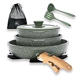 Kitchen Academy Non Stick Cookware Set, 10 Piece Granite-Coated Induction Pots and Pans Set with Detachable Handle, Stackable RV Cooking Set for Camping, Camp, Green