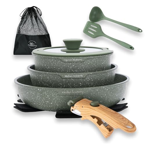 Kitchen Academy Topfset 10tlg, Topf Pfannenset mit Glasdeckeln, Marmorbeschichtung Antihaft-Versiegelung Kochgeschirr-Set, induktionsgeeignet, Maseriger glater Griff, Grün