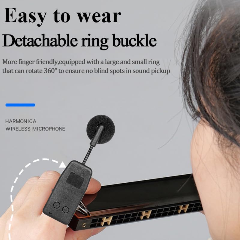 2.4G Wireless Ring Microphone System for Harmonica, Flute, Xiao, Hulusi, Ocarina, Suona——65ft Range Mini Clip-On Mic with Digital Screen & Noise Reduction for Wind Instruments Performance