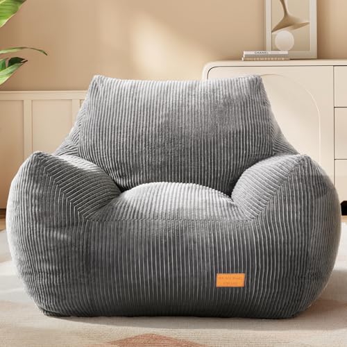 Vellorise Big Bean Bag Chair for Adults & Kids, Stuffed BeanBag Floor Sofa for Napping, Gaming, Lounging, Ultra Soft Living Room Bean Bag with Armrests, Light Gray