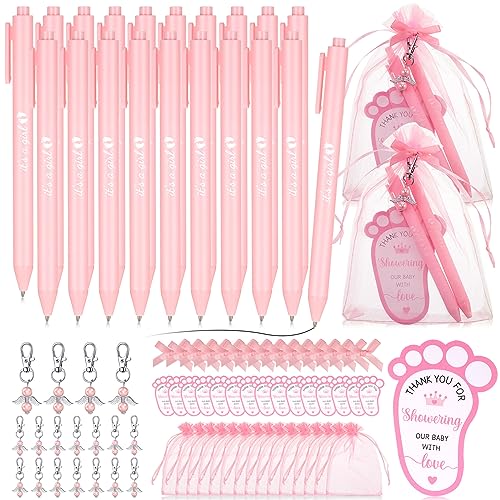Ctosree 250 Pcs Baby Shower Favors Includes Ballpoint Pens Angel Keychains Organza Bags Thank You Cards for Guest Gifts Baby Shower Gender Reveal Party