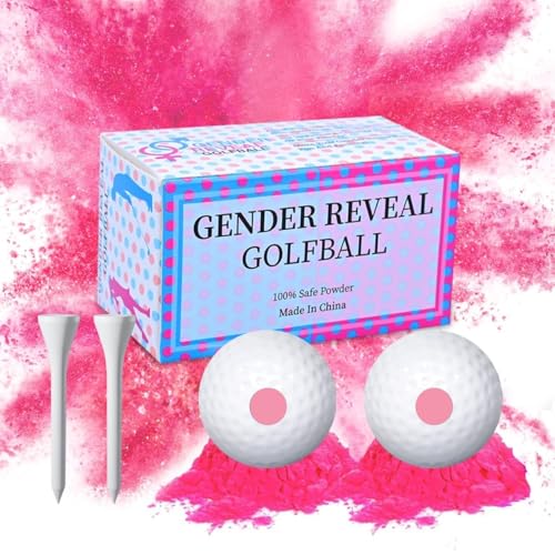 ZZPAKUE Gender Reveal Golf Balls Exploding Golf Ball (2Pink with 2 Wooden Tees per Pack) Girl or Boy Baby Reveal Ideas Baby Gender Decoration IdeasTheme (2 Pink)