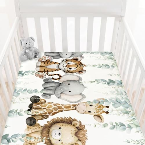 Image of HawSkgFub Safari Jungle African Animals Eucalyptus Leaf Fitted Standard Baby Crib Sheet, Giraffe Lion Tiger Elephant Zebra Toddler Mattress Cover, Soft Stretchy Nursery Bed Sheets Kids Gift 52” x 28”