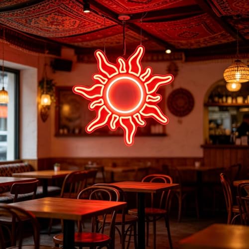 Image of Sun Neon Sign, USB Powered Dimmable Neon Light, Home Bedroom Game Room Cafe Bar Party Decor, Modern Style Wall Art, Gift for Teens Boys Girls, 11.8 Inch Red LED Light Up Decorative Sign