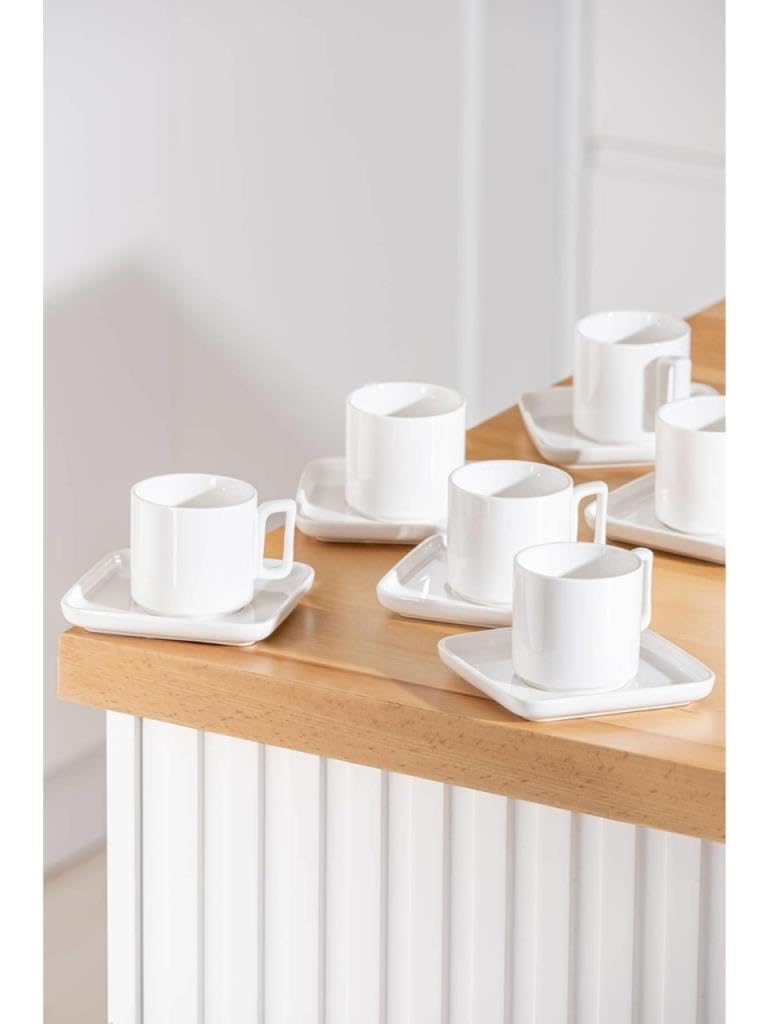 Modernes Porzellan Espresso-Set, 6 Tassen mit Untertassen, 90 ml, Weiß, Eckiges Design