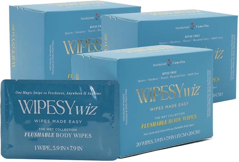 Lenços umedecidos corporais WipesyWiz com camélia e óleo de coco, 60 unidades individuais, pacote com 3