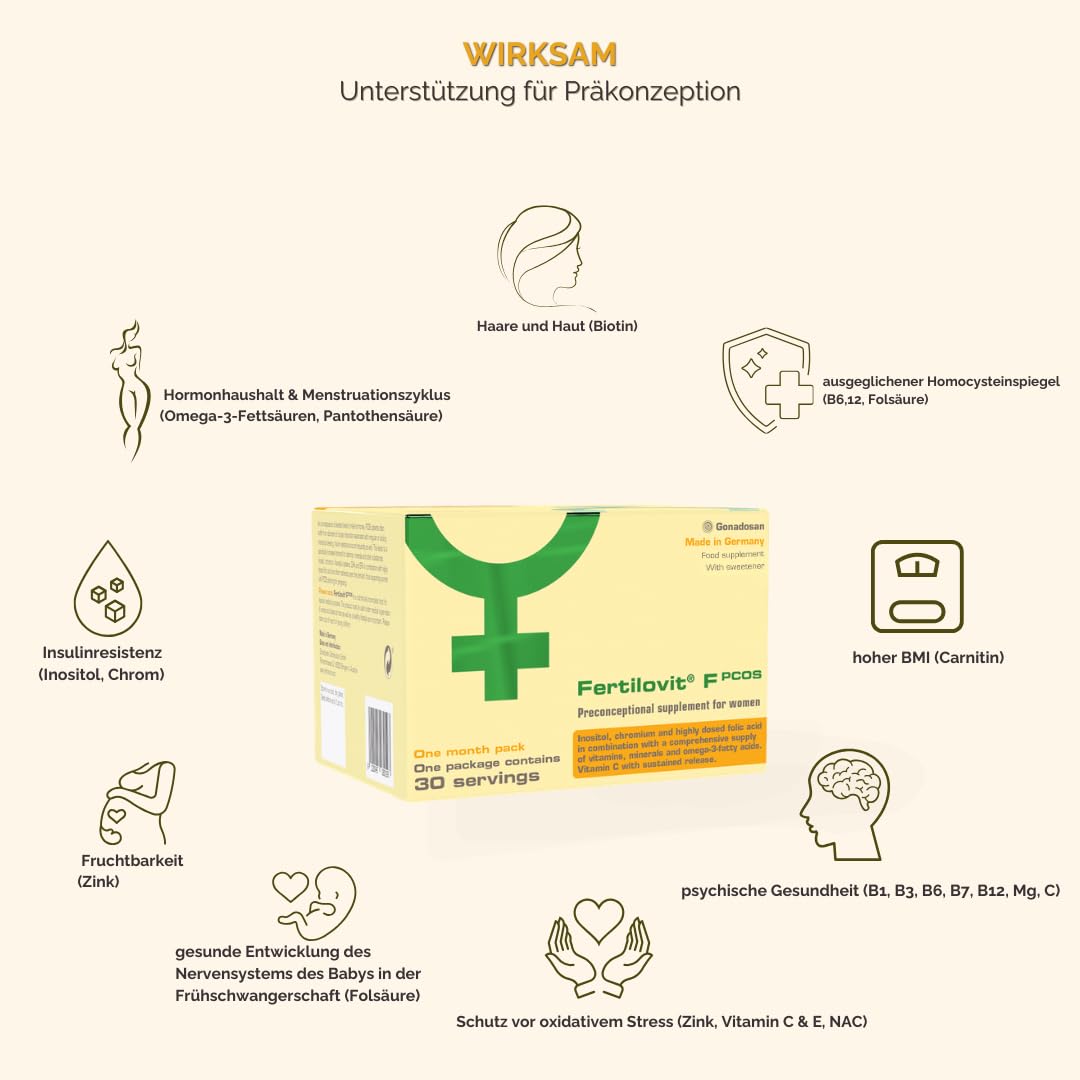 Fertilovit® PCOS Inositol Komplex für Frauen – Myo-Inositol & D-Chiro-Inositol + Folsäure 800 µg – Vitamine & Mineralstoffe für Zyklus & Babyplanung – 60 Kapseln + 30 Sachets