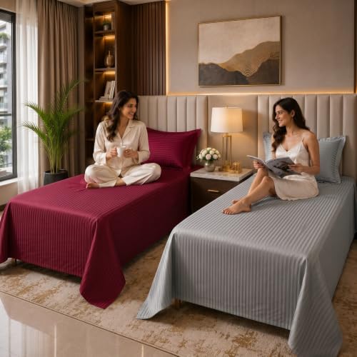Image of Mafatlal 210 TC Italian Stripe Single Bedsheet Set with Pillow Cover (60 x 90 Inches) | 100% Cotton | Hotel Collection | Soft Breathable Flat Bed Sheet | Grey N Maroon