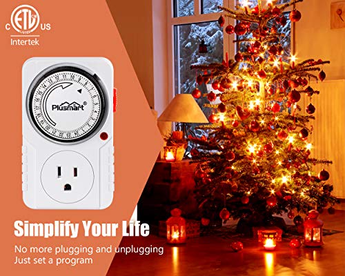 Plusmart 24 Hour Plug-in Programmable Lights Timer for Electrical Outlets, 3-Prong Grounded Sockets for Lamps Fans Christmas String Lights, Indoor,1875W,15Amp, ETL Listed, 2Pack