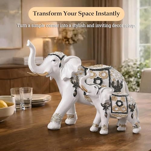 Image of Kuber Industries Set of 2 Elephant Figurines Idol for Home Decor | 6x5.5 Inch Resin Vastu Wealth, Prosperity Gift for Diwali & Housewarming | White & Golden