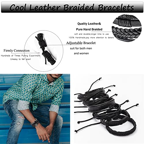 Sonnyx 27 Pcs Braided Leather Bracelet For Men Women Cool Woven Wrist Cuff Bracelets Hemp Cords Wooden Beads Ethnic Tribal Handmade Wrap Adjustable Wristband Bracelets #TOP2