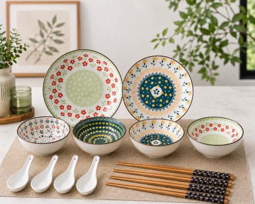 Image of Ceramic Dinnerware Set, Japanese Asian Cuisine Bowls and Plates for Dinner, Rice, Soup, Dessert, Salad, Gift Box Packed Dinner Set (Multi Color, Pack of 14)
