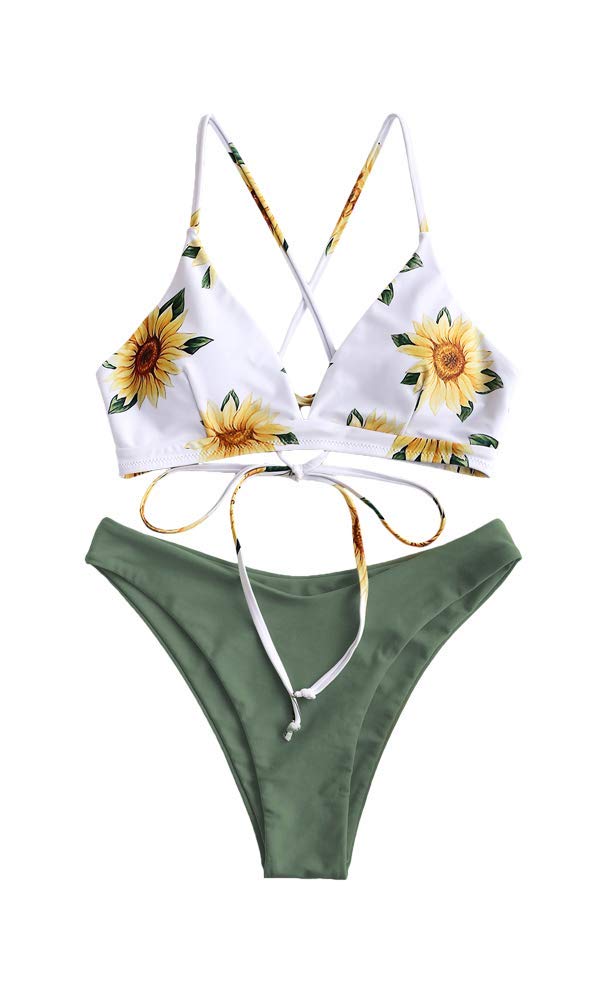 ZAFUL Conjunto de Bikini con Relleno Push Up Triangular Busto Ajustable con Tirantes Cruzados Traseros Estampado Talle Bajo