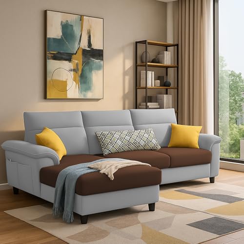 Image of Casaliving Seams LHS 4 Seater L Shape Sofa for Living Room (Brown Grey Fabric) Premium Fabric Sofa