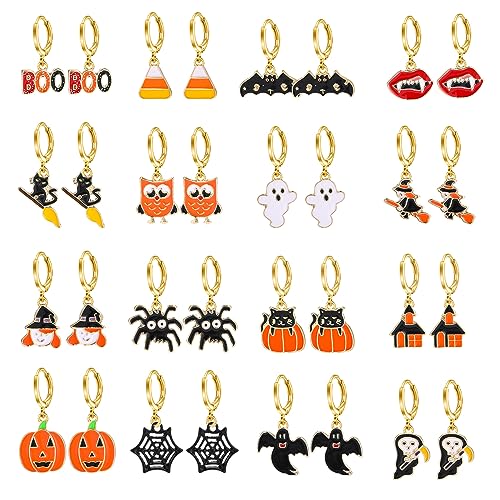 Yoshow 16 Pairs Hypoallergenic Halloween Earrings for Women Teen Girls Dangle Drop Hoop Earrings Set Fall Earrings Pumpkin Spider Bat Black Cat Ghost Witch Spooky Halloween Jewelry