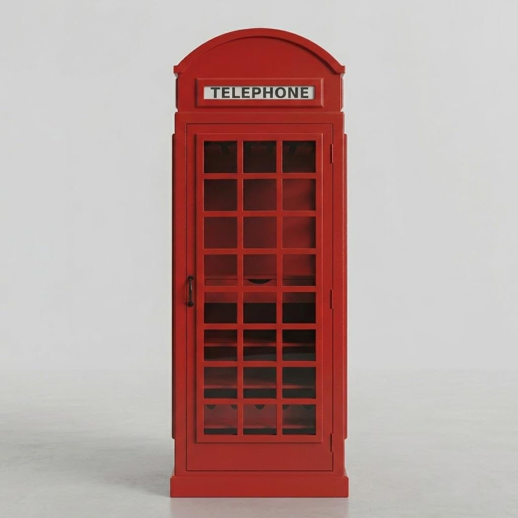 Giles Vintage Telephone Booth Bar Cabinet – Solid Mango Wooden Wine Storage Cabinet with Glass Holder & Bottle Rack, Freestanding Liquor Bar Unit for Living Room, Home Decor (Red Finish)-image-9