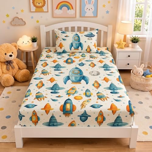 Image of HOMEKART 100% Cotton Kids Fitted Bedsheet with Pillow Cover, 220TC Soft Breathable Elastic Bedspread, Cute Animal Print, 72x36x8 Inch (Space Theme Print Pearl)