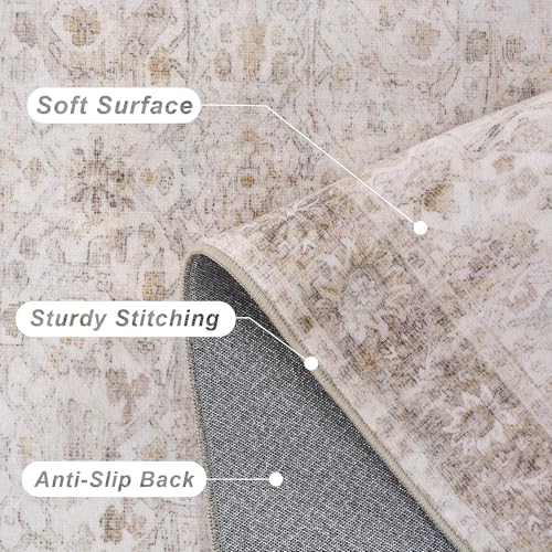Image of 8x10 Beige Washable Area Rug Vintage Rug for Living Room Bedroom Low Pile Soft Non-Slip Boho Neutral Floral Rug for Under Table Distressed Retro Carpet for Bedroom Office Dining Room