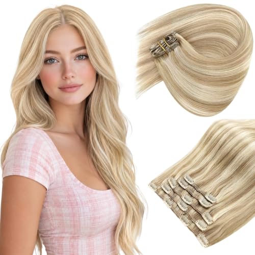 Image of Sunny Hair Clip in Hair Extensions Real Human Hair Blonde | 12 Inch Remy Hair Extensions Clip in Golden Blonde Highlights Give Blended Ends, Natural Movement Soft Texture at Party 85g