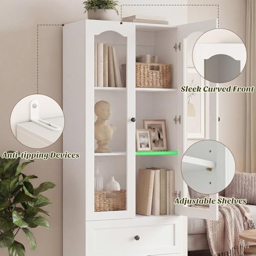 Image of Cyclysio 80 inch Tall Pantry Cabinet for Kitchen Storage, White Pantry Cabinet with Glass Doors & 3 Drawers - Freestanding Storage Bookcase with Built-in Baseboard Notch for Dining, Living Room