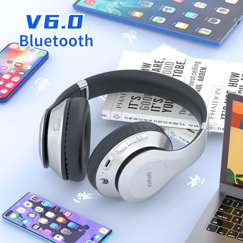 Image of Uliptz Wireless Bluetooth Headphones, 65H Playtime, 6 EQ Sound Modes, HiFi Stereo Over Ear Headphone with Microphone, Foldable Lightweight Bluetooth 6.0 Headphones (Silver)