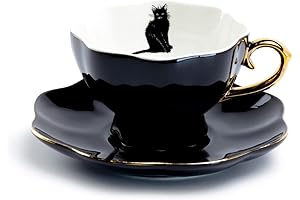 Graceful Teaware: Black Cat Fine Porcelain Tea Cup and Saucer with Hand...
