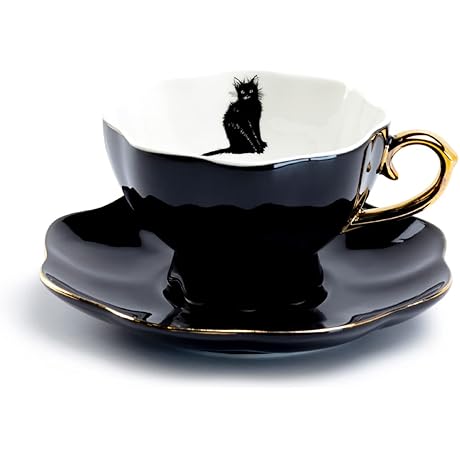 Graceful Teaware: Black Cat Fine Porcelain Tea Cup and Saucer with Hand...