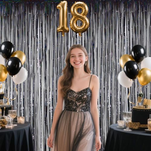 Image of Black Tinsel Foil Fringe Backdrop Curtains for Halloween Party Decorations