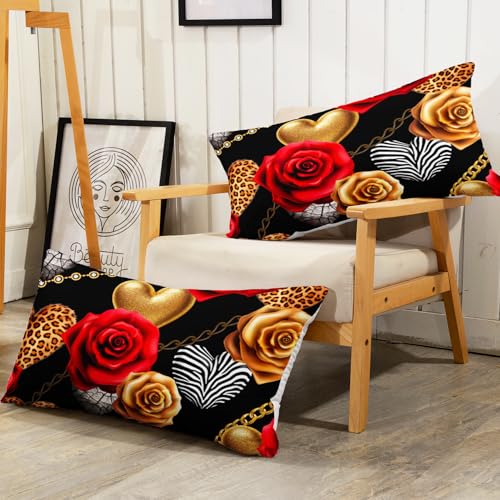 Image of AILONEN Red and Gold Rose Comforter Set Queen,Leopard Print Black and White Hearts Comforter,3Pcs Women Girls Soft Bedding Set,Romantic Couple Comforter with 2 Pillowcases