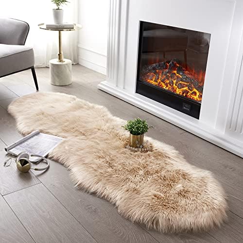 SERISSA Ultra Soft Fluffy Rug Beige Faux Sheepskin Fur Area Rug Shaggy Couch Cover Seat Cushion Furry Carpet Beside Rugs for Bedroom Floor Sofa Living Room Runner, 2x6 Feet (Sheepskin Shape,Beige)