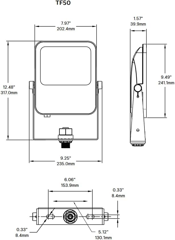 Technical drawing showing dimensions of the TF50 floodlight