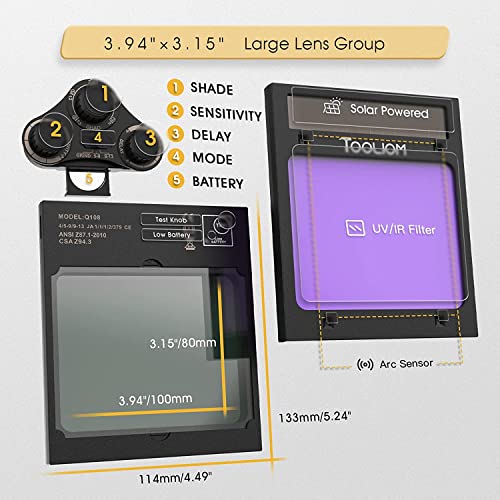 TOOLIOM Echte Farbe Auto Verdunkelung Schweißerhelm, 100 x 80mm große Ansicht 4 Sensoren Wide Shade 5-9/9-13 Solarbetriebene Schweißer Maske Haube mit Schleifen für Mig Tig Stick Plasma - Image 3