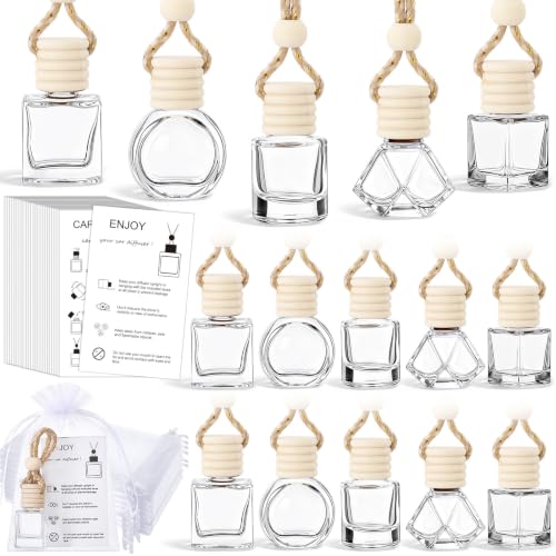 Image of Boao 10 Sets Hanging Car Air Freshener Diffuser Bottles Empty Bulk with Car Diffuser Instruction Cards Organza Bags Glass Refillable Essential Oil Fragrance Aromatherapy Pendant (5 Shapes)