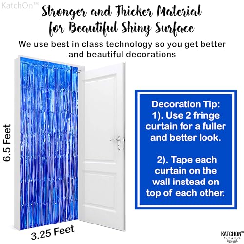 Image of KatchOn, Metallic Blue Backdrop Curtain - Pack of 2 | Blue Streamers for Royal Blue Party Decorations | Foil Fringe Streamers for Under The Sea Party Decorations, Mermaid Bachelorette Decorations