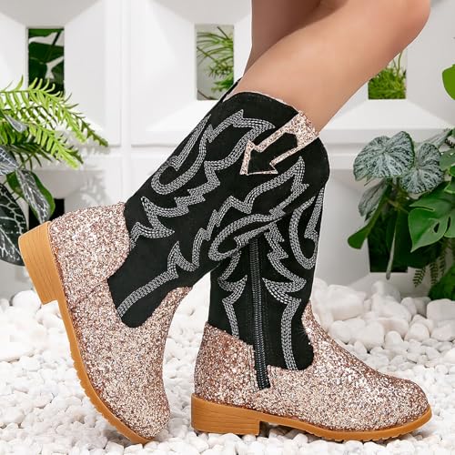 Cowgirl Boots for Girls Kids Toddler Glitter Mid Calf Western Cowboy Boots Zipper Color Block Sparkly Riding Shoes4