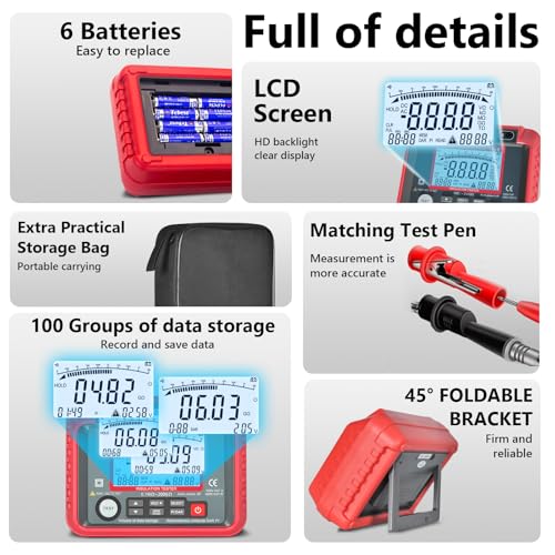Digitaler Isolationswiderstandstester, Isolationsmesser 2000 zählt 250V/500V/1000V/2000V/2500V Testspannung, Isolationswiderstand 200GΩ, AC/DC Spannung, 100 Datenhaltung und Hochspannungsanzeige