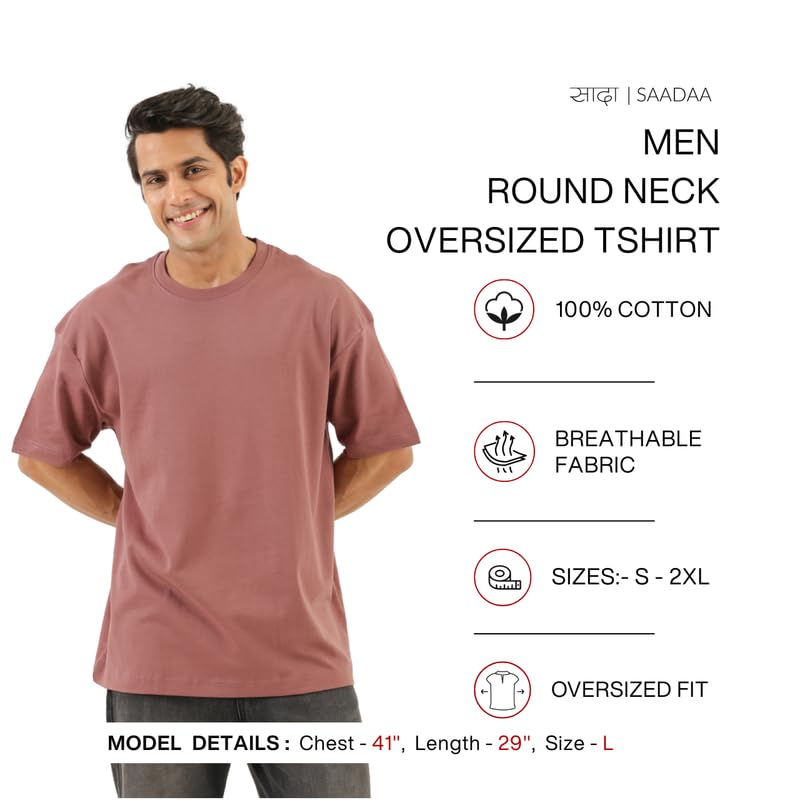 Image of SAADAA Men's Oversized Cotton T-Shirt | 210 GSM Heavyweight Fabric | Drop Shoulder | Dual Knit | Comfortable Casual Wear | Solid Colors